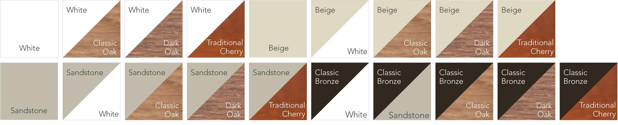 Aeris™ Window Grid Colors include White, Classic Oak, Dark Oak, Traditional Cherry, Beige, Sandstone, Classic Bronze, and combinations thereof.