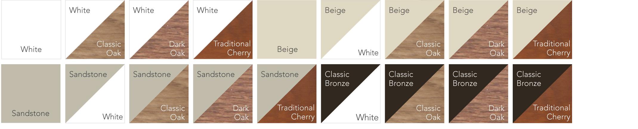 Endure™ Window Grid Colors include White, Classic Oak, Dark Oak, Traditional Cherry, Beige, Sandstone, Classic Bronze, and combinations thereof.