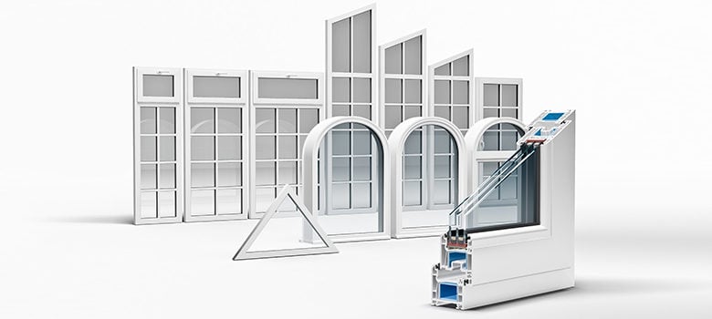 A Variety of window types, shapes, and styles, and a close-up cut-away of a three pane glass window.