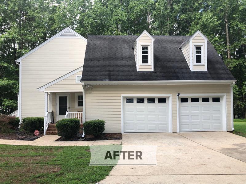 Tan Two Story Home After Whole Home Siding Replacement in Apex, NC