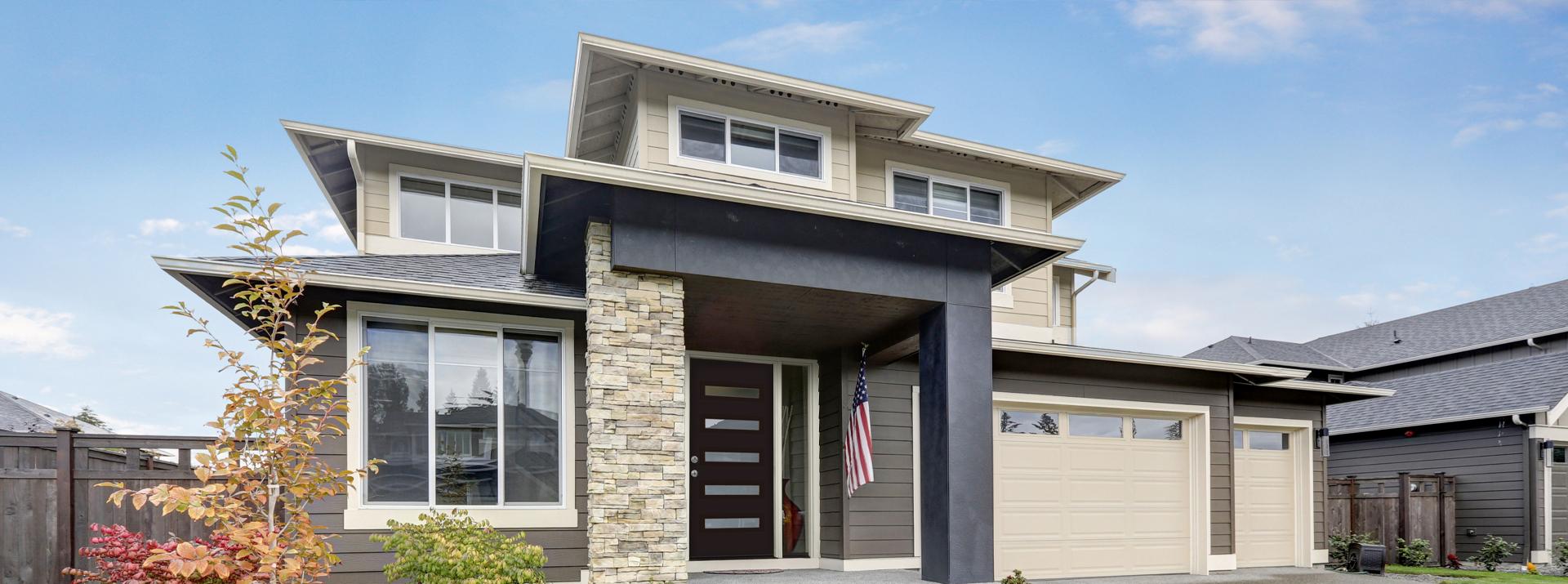 Modern Front Door on Home with American Flag in Raleigh, NC