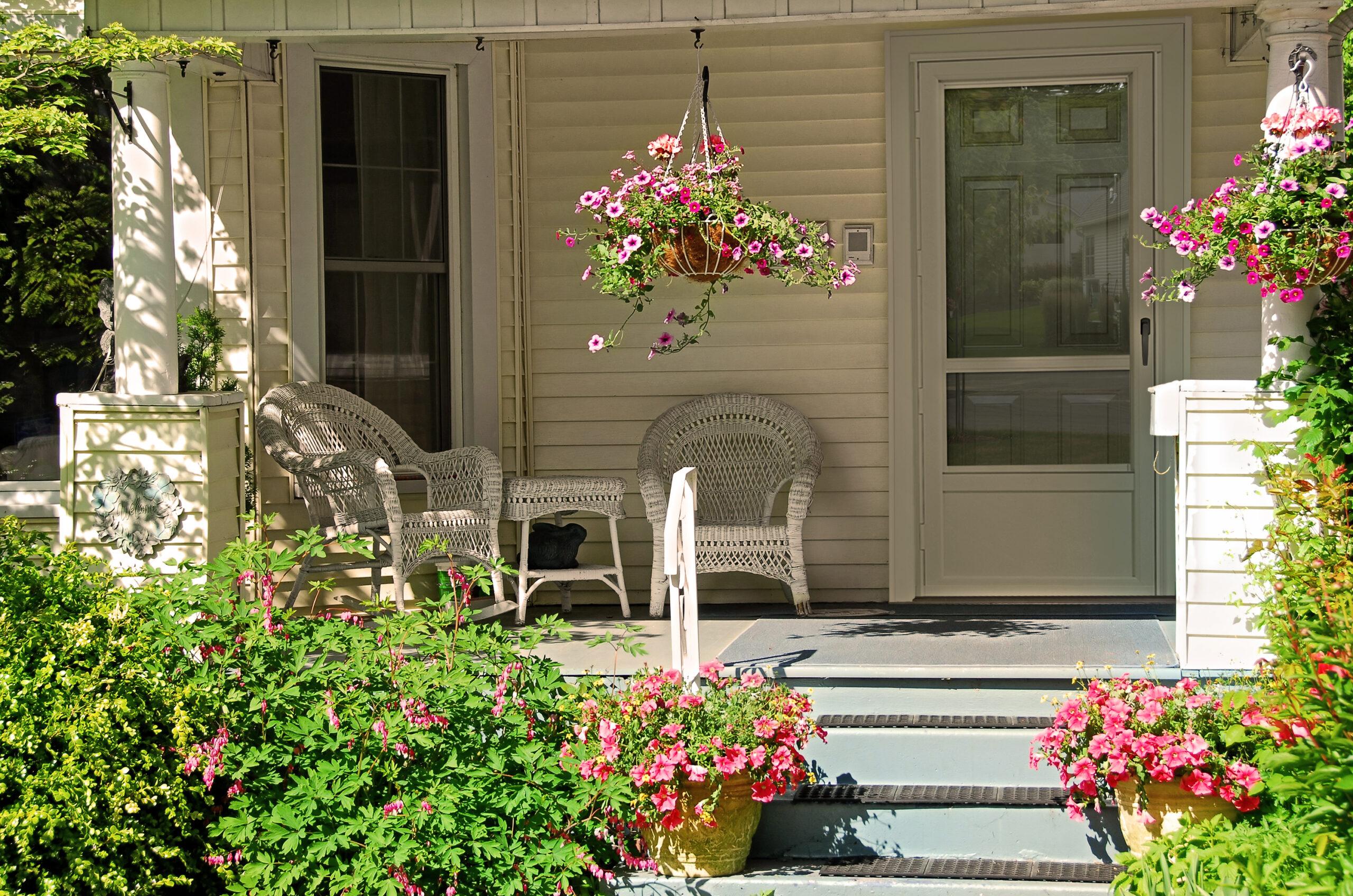 House Porch with Flowers with New Front Door in Cary, NC