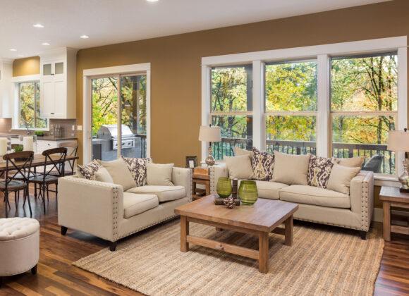Living room with custom replacement windows in Youngsville, NC 