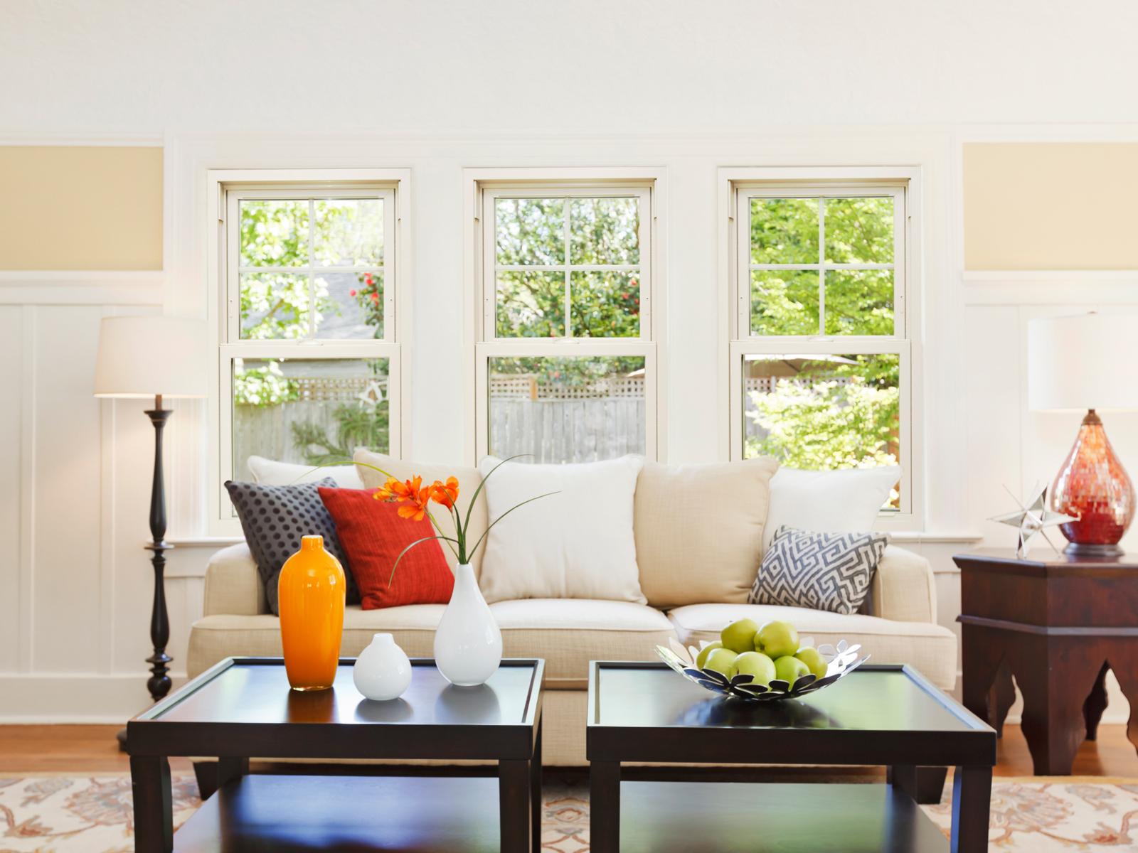 Double Hung Replacement Windows in Living Room in Cary, NC